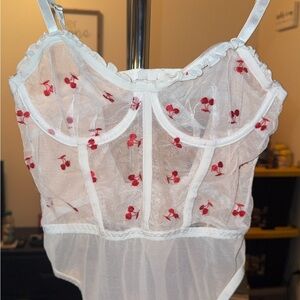 Forever 21 White Sheer Bodysuit with Red Embroidery